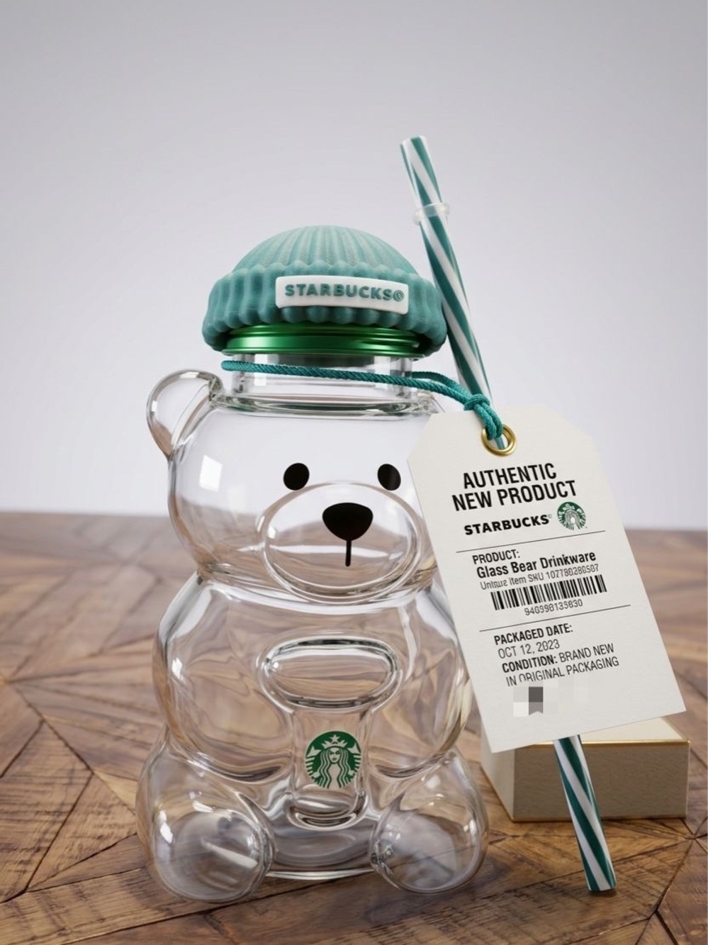 Starbucks Clear Glass Bear Drinkware with  Hat and Green Accents